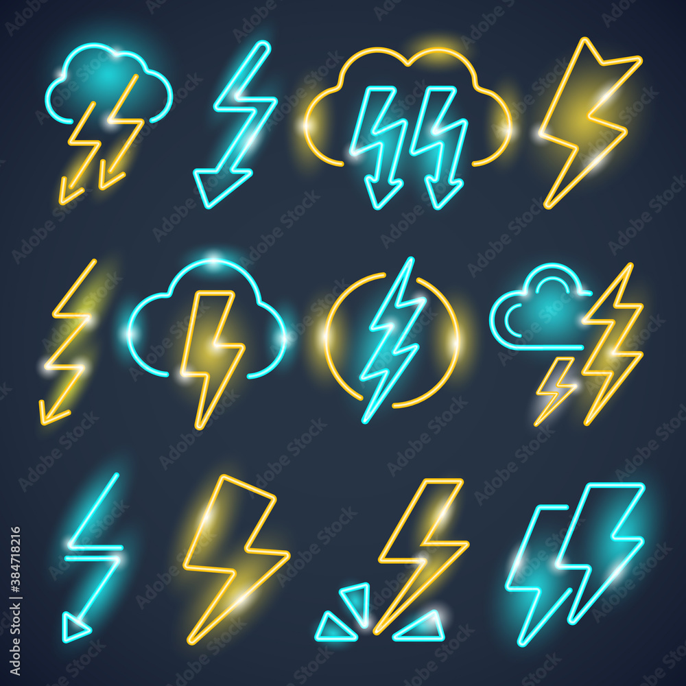 Poster neon lightning. powerful thunder symbols glow lightning collection vector colored set. illustration 