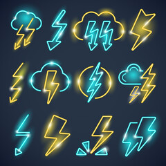 Neon lightning. Powerful thunder symbols glow lightning collection vector colored set. Illustration thunder lightning, energy electric light