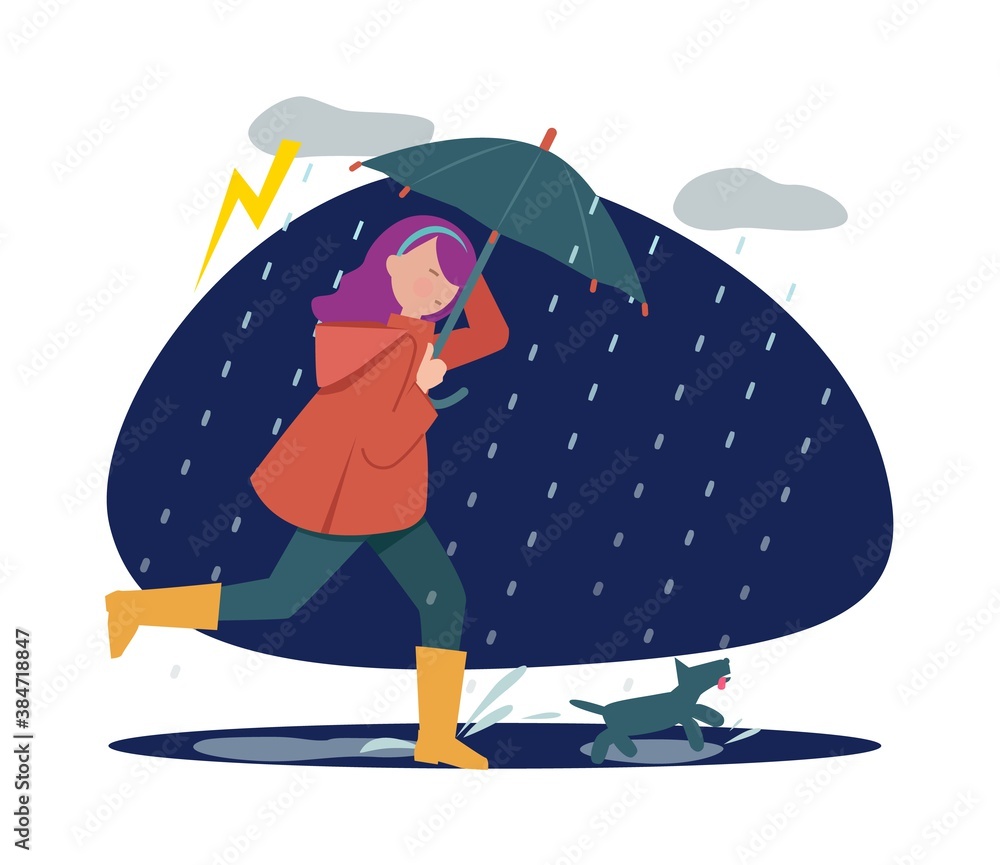 Sticker rainy walking with dog. girl with umbrella in storm weather, autumn season. pet holder walk time vec