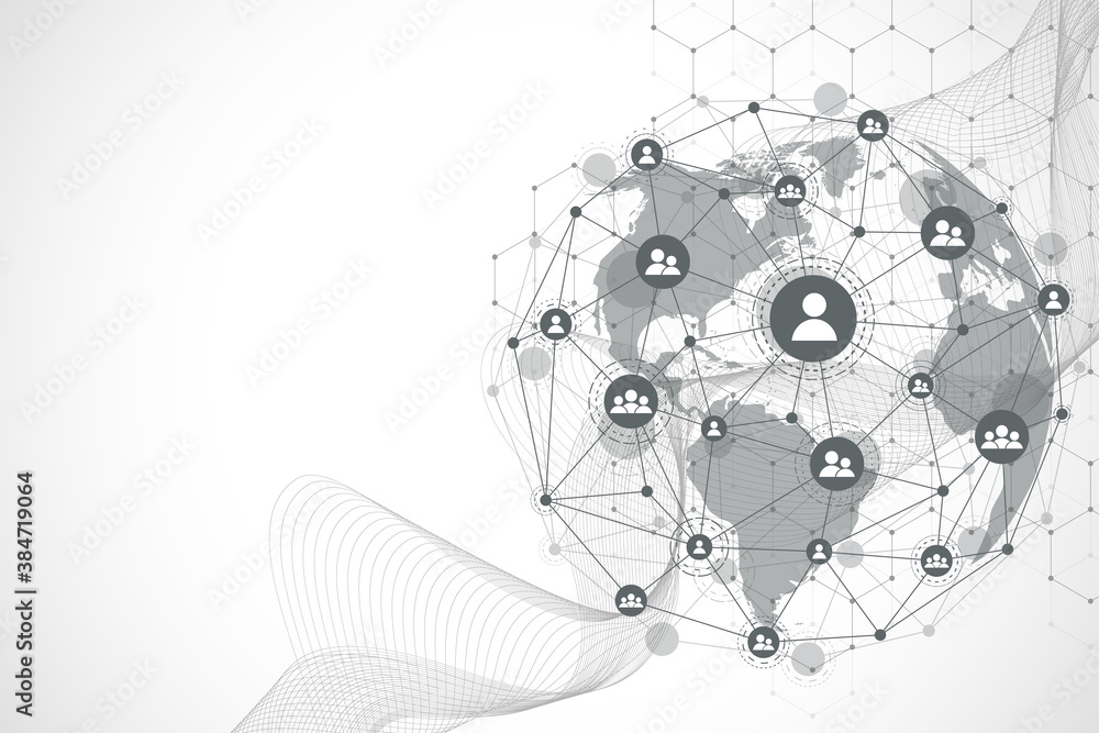 Aufkleber Global network connection concept. Big data visualization. Social network communication in the global computer networks. Internet technology. Business. Science. Vector illustration