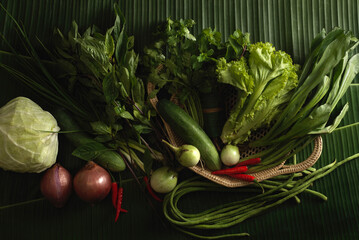 Top view of local vegetables, ingredients for Thai food