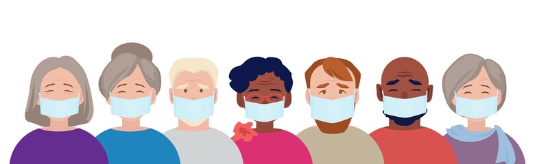 Protection mask. Adults people in medical masked faces wearing gas pollution, dirty air safety. Healthcare vector concept protection mask againsts coronavirus, adult woman and man illustration