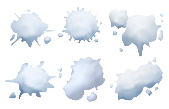 Snowball splats. Winter game grunge frozen realistic splats vector template. Illustration winter ball to fight snow, game fun with snowball
