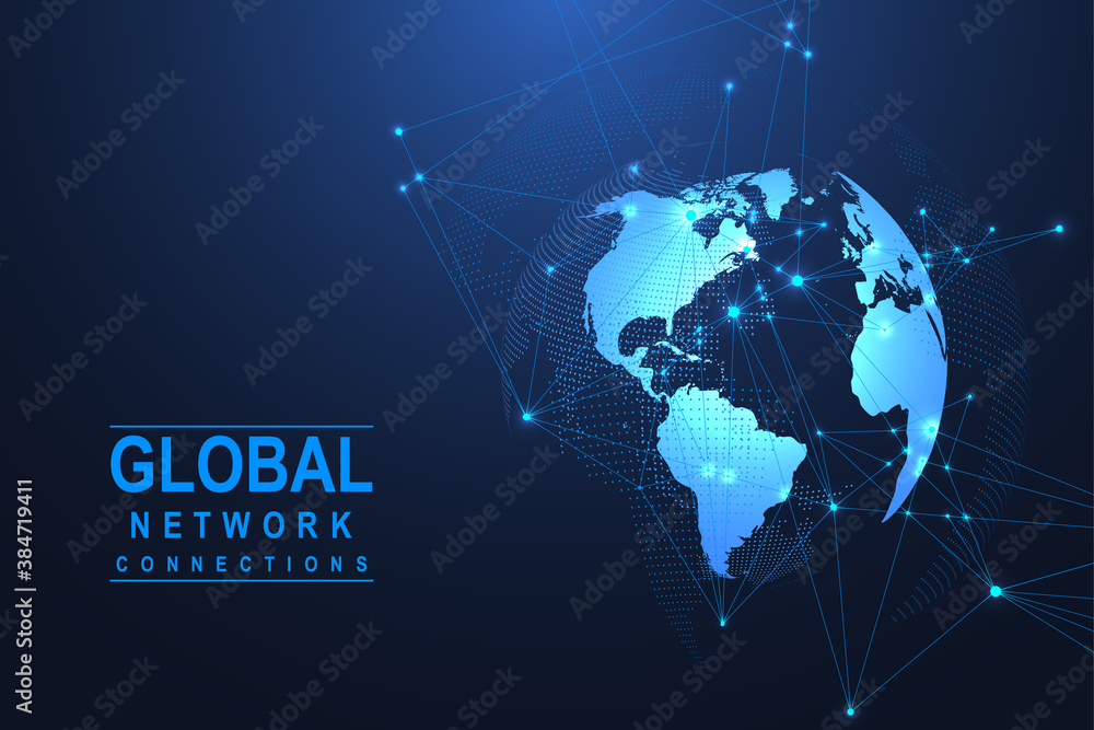 Poster Global network connection. World map point and line composition concept of global business. Internet technology. Social network. Vector Illustration