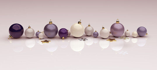 row of glossy christmas baubles banner in shades of pink and purple with silver brackets - 3D...