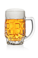 Mug of light yellow beer isolated on white