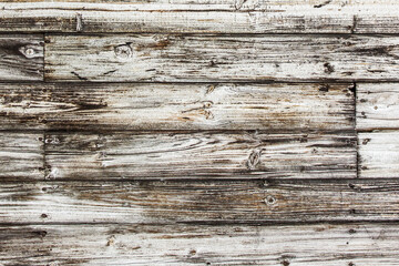 Raw wood texture. Brown wooden wall background. Rustic desks with knots pattern. Countryside architecture wall. Village building construction. Peeling paint board.