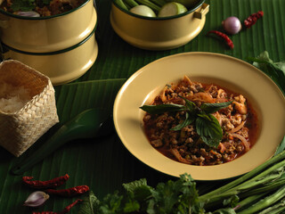 Spicy minced pork salad (Larb Moo) served with vegetables and sticky rice