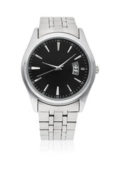 Men's wrist watch with stainless-steel strap isolated on white.