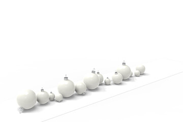 perspective of glossy white christmas baubles with silver brackets - 3D Illustration