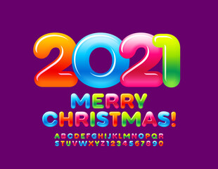 Vector sweet greeting card Merry Christmas 2021! Colorful candy Font. Bright creative Alphabet Letters and Numbers set