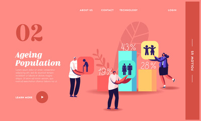Demographic Aging Landing Page Template. Tiny Characters at Huge Charts with Statistics Data of Human Ages in World