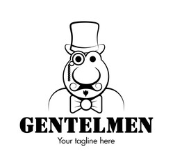 Funny classic gentleman logo. Retro man with monocle and cylindrical hat. Gentleman club sign.
