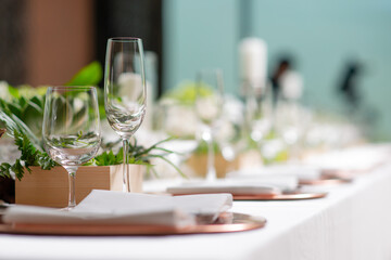 empty wine glasses prepared  for dinner