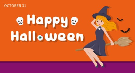 Halloween witch flying with broomstick, cartoon comic vector illustration, Asian style