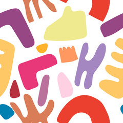 Hand drawn various shapes and doodle objects.  Abstract contemporary modern trendy textile print vector illustration. Seamless pattern, background.