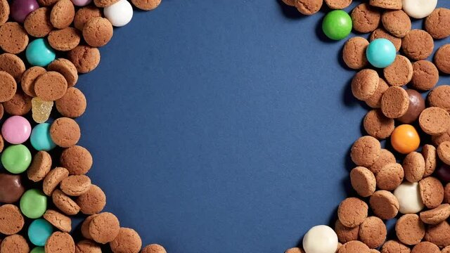 Rotation of kruidnoten, traditional sweets, strooigoed. Background for Dutch holiday Sinterklaas. St. Nicholas day concept. FullHD video, copy space, top view