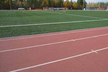 Red running track. Against the background of green grass.