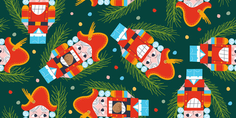 Vector Christmas seamless pattern with Nutcracker and Christmas tree.