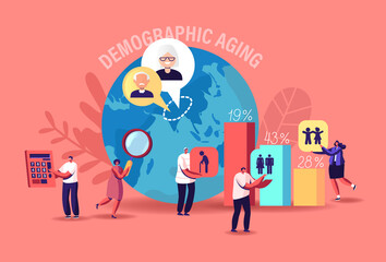 Demographic Aging Concept. Statistics Data for Young, Adult and Old Human Ages in World and Countries. Earth Globe