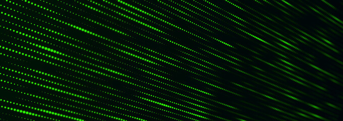 Abstract matrix. Gradient halftone. Many green dots of different sizes on dark background. 3d