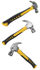 Set of black and yellow hammers with a rubberized handle isolated on white