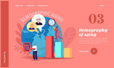 Demographic Aging Landing Page Template. Statistics Data for Human Age in World and Countries. Tiny Characters at Charts