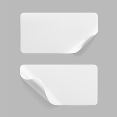 White glued rectangle stickers with curled corners mock up set. Blank white adhesive paper or plastic sticker label with wrinkled and creased effect. Template label tags close up. 3d realistic vector