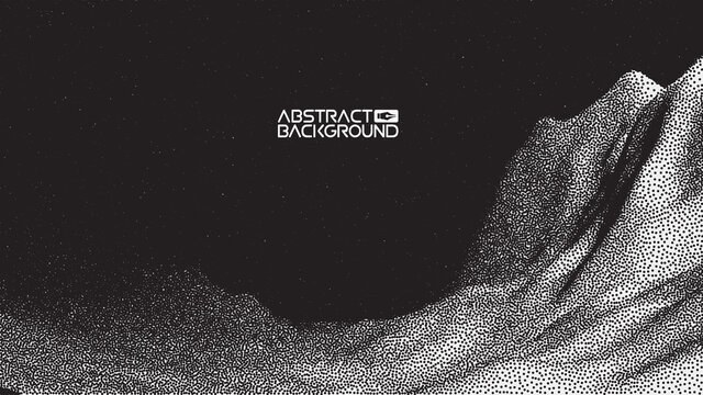 Vector landscape of mountain in dotwork style. Stipple illustration design. Old retro dot texture vintage gradient. Pointillism graphic. Grain terrain wallpaper.