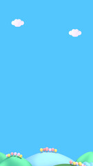 3d rendering picture of sweet cartoon mountains, trees, and clouds. (vertical)