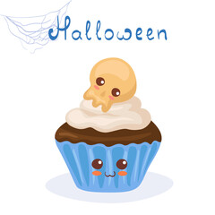 Kawaii vector illustration of cute Halloween Cupcake with Candy Skull isolated on white background. Comic adorable smiling cartoon food character with hand drawn lettering. All Saints Day card, print.