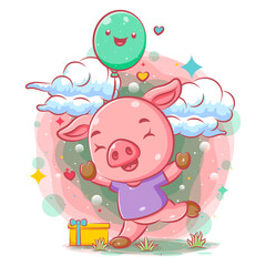 Happy pink pig holds the green balloons