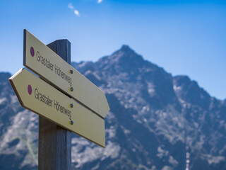 Sign of Grastaler Hoehenweg Hiking Trail, near Niederthai, Tyrol, Austria