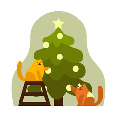 Two cute cats decorating a Christmas tree
