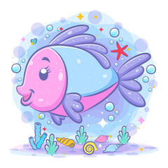 The pink fish cartoon swims in beautiful sea