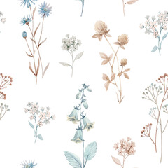 Beautiful vector seamless floral pattern with watercolor autumn fall flowers. Stock illustration.