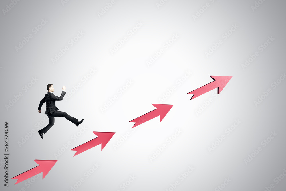 Poster businessman runing on red arrow on gray background.