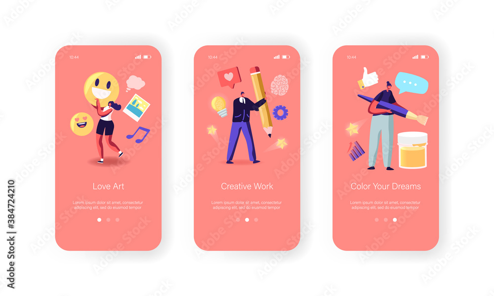 Poster art platform mobile app page onboard screen template. tiny characters with huge equipment for creati