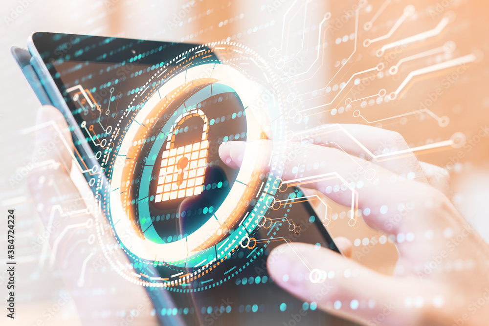 Poster hands using smartphone with glowing padlock hologram.