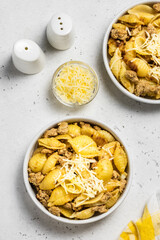Minced turkey pasta shells. Space for text, top view.