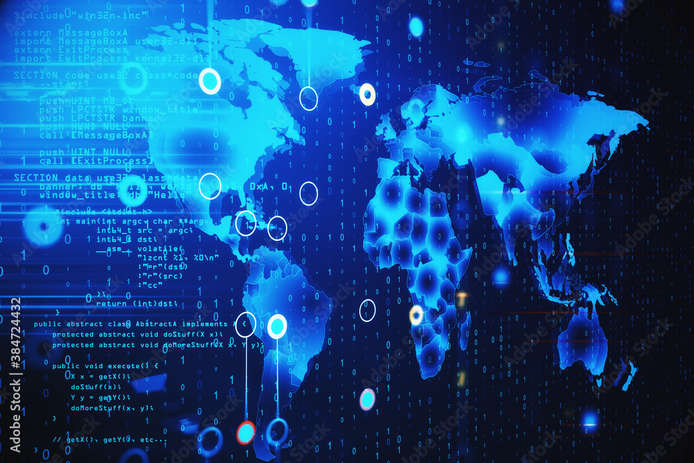 Poster Digital world map with glowing programming interface.
