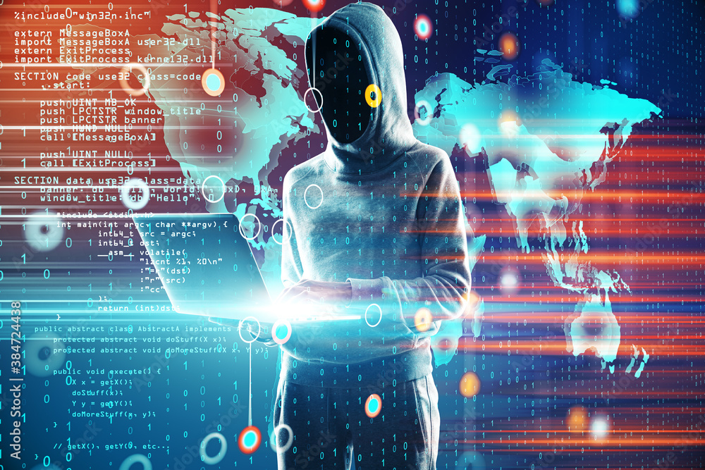 Poster Hacker holding laptop and glowing world map with glowing programming interface.