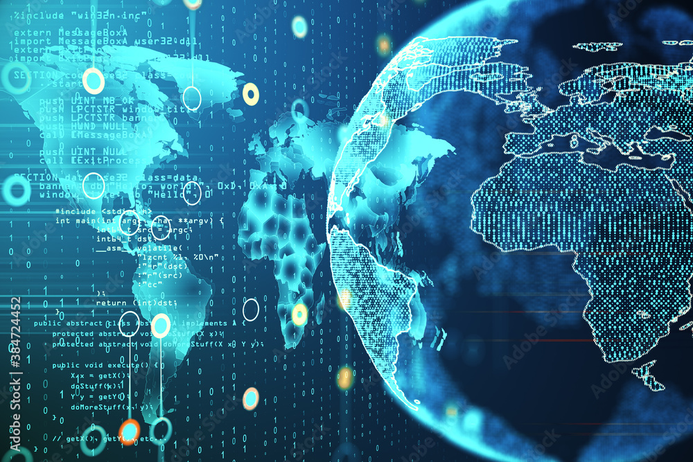 Aufkleber Digital world map with glowing programming hologram.