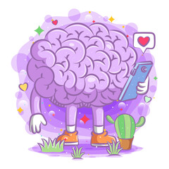 Purple brain illustration holds the phone