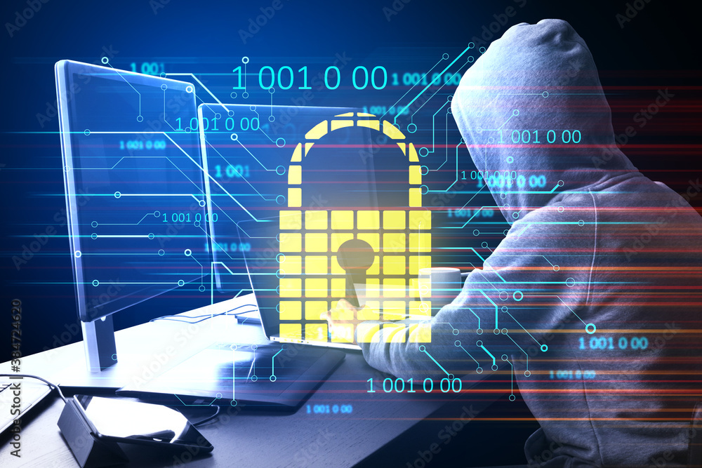Poster Hacker at desktop using computer with glowing padlock hologram.