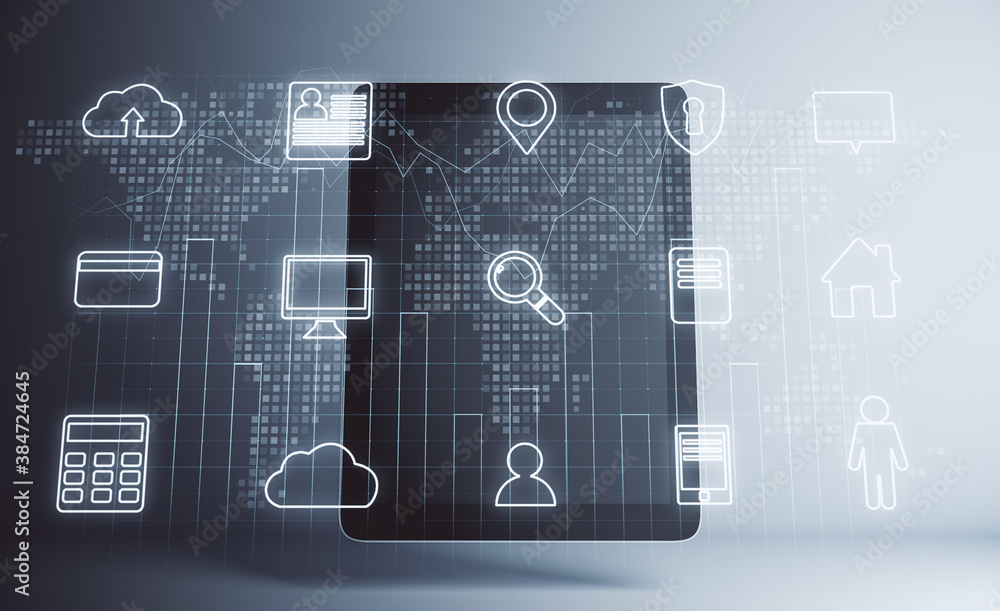 Poster Digital tablet with computing cloud hologram.