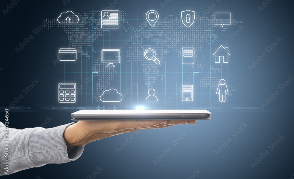 Poster hand holding tablet with cloud computing hologram.