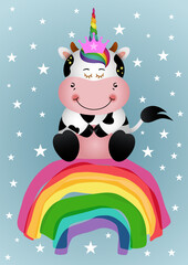 Greeting card with unicorn cow sitting on rainbow