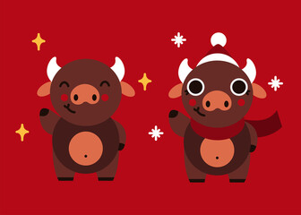 An illustration of an ox waving his hand. Two variants