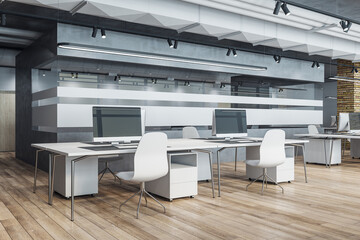 Modern office interior with equipment and computers